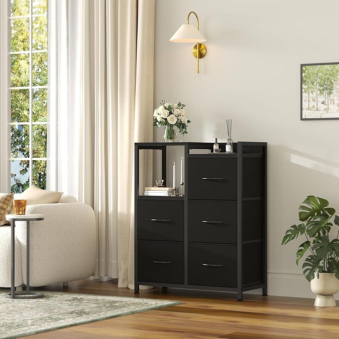 DUMOS TV Stands for Bedroom with 5 Drawers, 5-Drawer Chest of Drawers with Raised Shelf, Storage Tower with Fabric Bins for Closet Organization, Hallway Storage, Ink