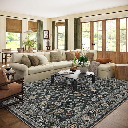 Washable Area Rugs for Living Room: 9x12 Bedroom Rug Vintage Boho Area Rug Stain Resistant Non Slip Low Pile Lightweight Soft Carpets for Living Room Dining Room Kitchen Nursery Kids Room Farmhouse