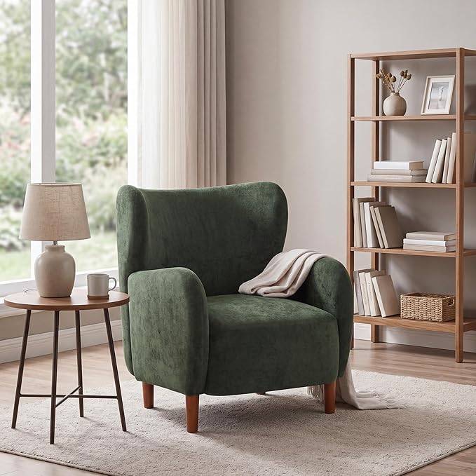 Christopher Knight Home Dolly Velvet Wingback Club Chair, Bedroom Comfy Reading Chair, Low Profile Accent Chair, Solid Wood Frame, Olive Green+Teak