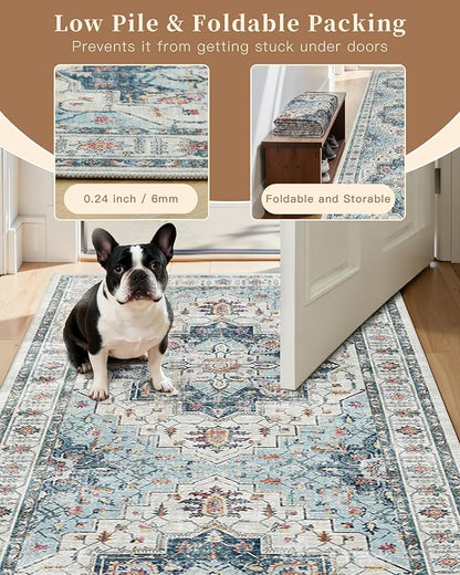 Madane 3x12 Hallway Runner Rug - Non Slip Washable 12ft Runner for Hallways Soft Vintage Kitchen Rugs Low-Pile Carpet Runner for Entryway Bathroom Thin Floor Mat for Bedroom Dining Room, Blue