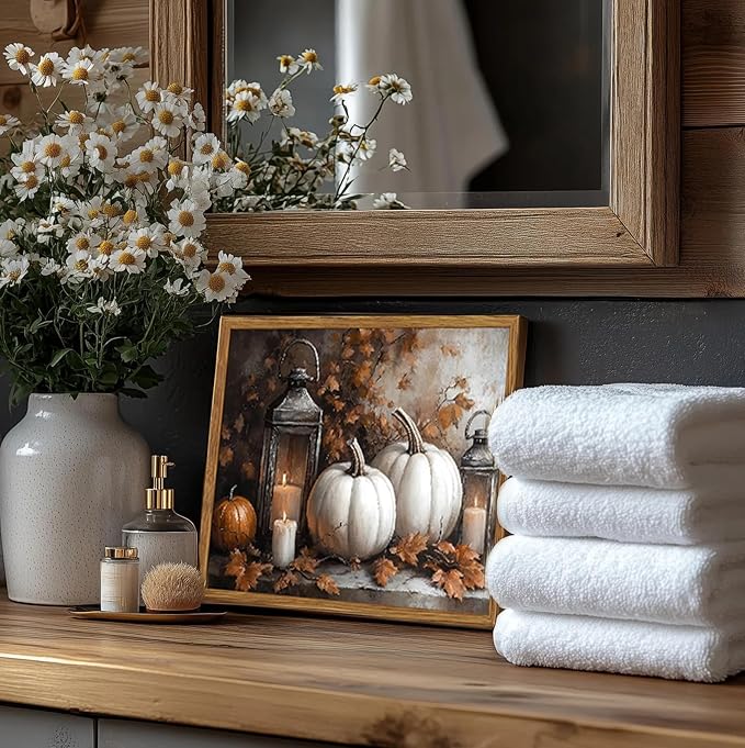 Framed Vintage Fall Pumpkin Canvas Wall Art, Rustic Farmhouse Autumn Paintings Wall Decor, Thanksgiving Pumpkins Pictures Prints Aesthetic Home Decor for Living Room Kitchen Office 12×16 inch