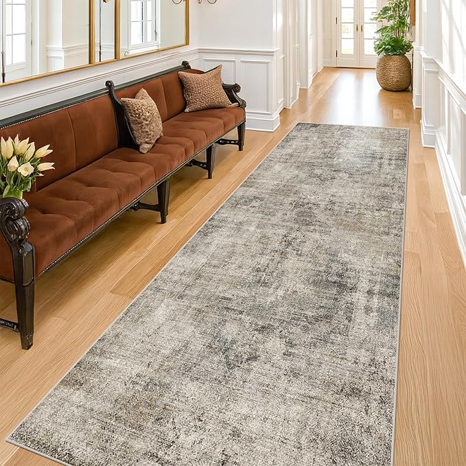 Washable 2x10 Long Runner Rug for Hallway, Taupe Brown 10ft Long Kitchen Rug, Non Slip Entryway Carpet with Rubber Backing, Dark Academy Décor, Stain Resistant Medallion Abstract Design