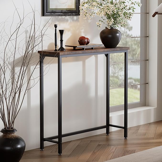 Narrow Entryway Console Table & Sofa Side Table - Industrial Hallway Table for Small Spaces, Behind Couch Table, Multi-Functional Living Room Bedroom Office,Brown, 29.5" x 9.4" x 29.5"