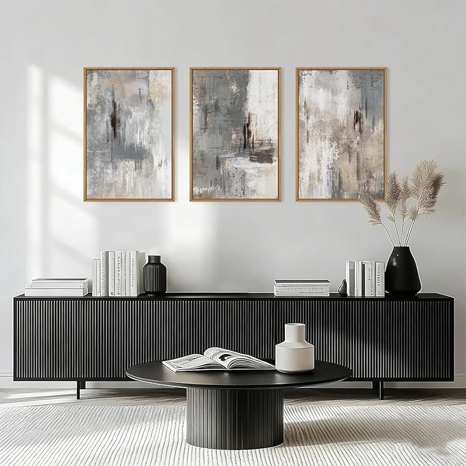 Aryroi Large Abstract Neutral Gray Beige Framed Canvas Wall Art,Modern Minimalist Earth Tone Brushstroke Wall Decor,Vintage Rustic Color Block Artwork for Living Room,Bedroom,Farmhouse- 16"x24"x3