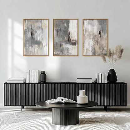 Aryroi Large Abstract Neutral Gray Beige Framed Canvas Wall Art,Modern Minimalist Earth Tone Brushstroke Wall Decor,Vintage Rustic Color Block Artwork for Living Room,Bedroom,Farmhouse- 16"x24"x3