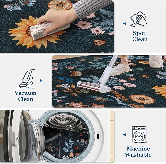LIVEBOX Sunflower Botanical Washable 8x10 Area Rugs, Blue Rug for Living Room, Non Slip Rugs for Bedroom, Boho Floral Indoor Throw Dining Room Carpet for Under Table Home Office Nursery Playroom