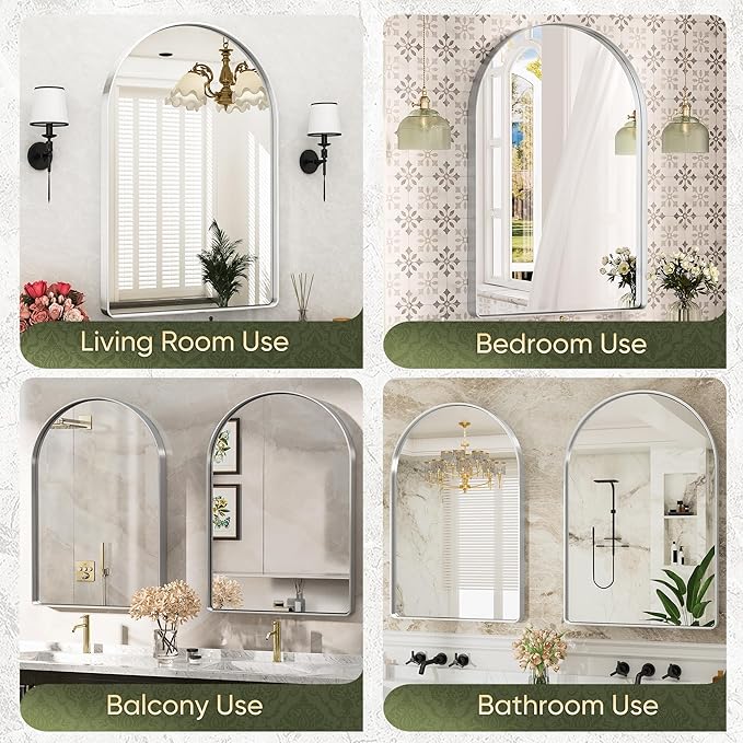 Suidia 26" x 38" Bathroom Mirror, Bathroom Vanity Mirror Metal Framed, Wall-Mounted Mirrors for Bedroom, Living Room, Entryway, Hallway, Silver, Arch Style