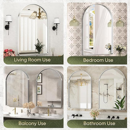 Suidia 26" x 38" Bathroom Mirror, Bathroom Vanity Mirror Metal Framed, Wall-Mounted Mirrors for Bedroom, Living Room, Entryway, Hallway, Silver, Arch Style