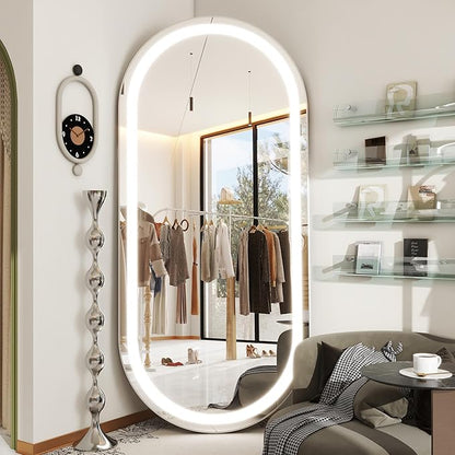FENNIO 71" x 32" Large Wall Mounted Mirror with LED Lights, Oval Full Length LED Lighted Full Body Dressing Mirror for Bedroom, Salon, Brushed Aluminum Frame, Tempered Glass