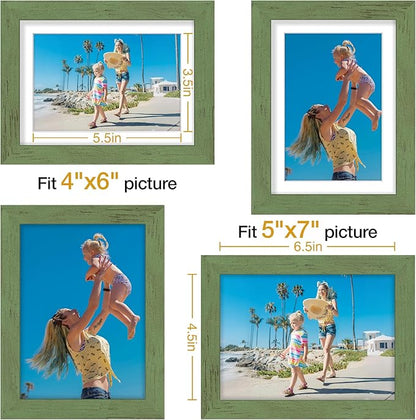 Vittanly 5x7 Picture Frames Set of 9, Display 4x6 Pictures with Mat or 5x7 without Mat, Photo Frames for Wall or Tabletop with Plexiglass, Engineered Wood, Rustic Green