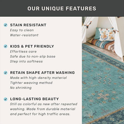 Hazo Haus Boho 2x6 Non Slip Kitchen Rug Runner - Teal Washable Rug for Bathroom, Laundry Room, Hallway, Non Slip with Rubber Backing, Floral Aqua Blue Unique Runner Décor
