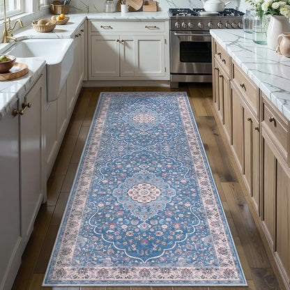 Tangsoo Vintage 2x6 Washable Runner Rug for Hallways,Blue Beige Non-Slip Low Pile Long Rug Runner,Floral Soft Indoor Carpet Runner for Kitchen Bedroom Entryway Laundry
