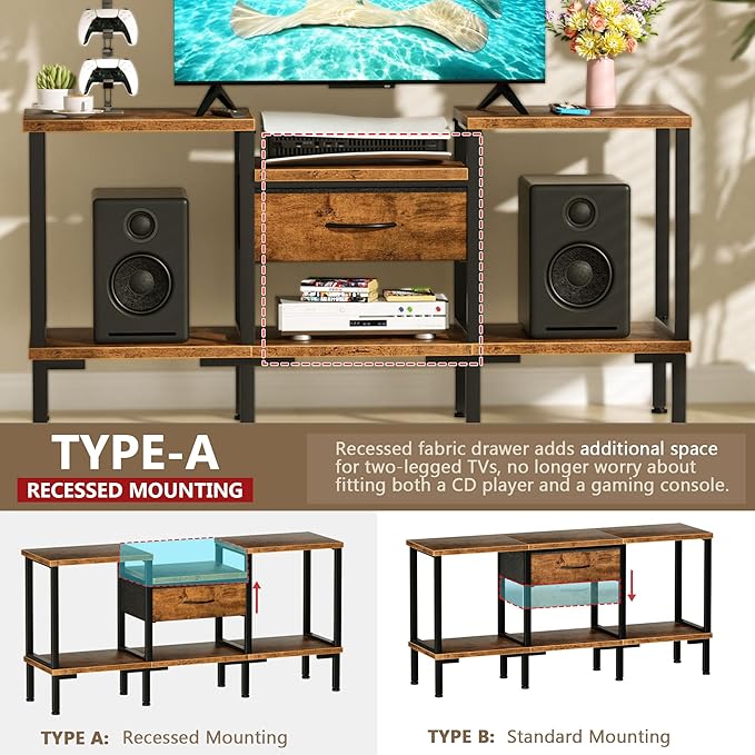 GYIIYUO LED TV Stand for 65 60 55 Inch TV, Entertainment Center with Power Outlet and Fabric Drawers, Industrial TV Console Table for Living Room Bedroom, 55" Rustic Brown
