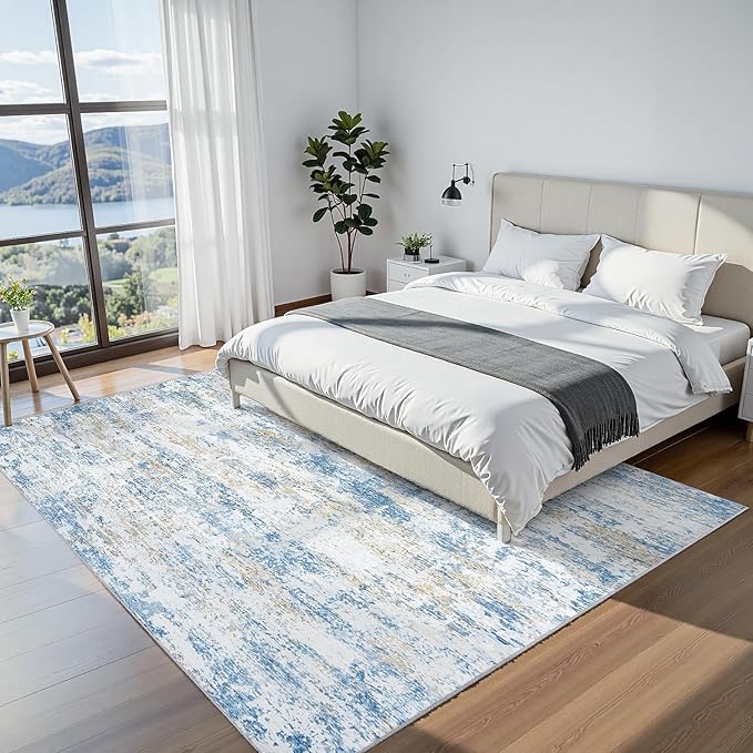 Area Rug 5x7 Living Room Rug Washable: No-Slip Abstract Soft Thin Large Blue White Gold-Beige Rugs, Indoor Floor Stain Resistant Modern Carpet for Bedroom Dining Room Farmhouse Nursery Home Office