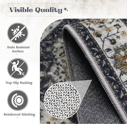 Area Rug 6x9 Washable Rug, Vintage Boho Medallion Rugs Non-Slip Soft Low Pile Large Distressed Rug Indoor Retro Carpet for Living Room Bedroom Dining Room Home Office (Vintage Black, 6'x9')