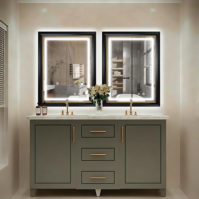 ROLOVE 23x33 Inch Antique Black and Gold Mirror for Wall, Lighted Vintage Mirrors for Bathroom with Anti-Fog, Waterproof Frame, Shatterproof Glass, Ornate Baroque Mirror for Entryway & Powder Room