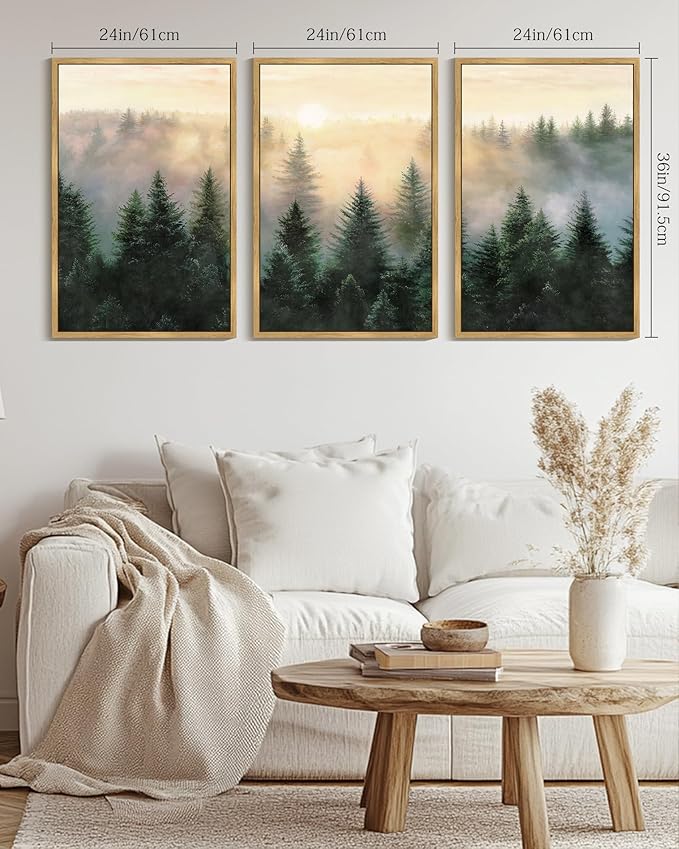 Drsoum Green Fog Pine Tree Landscape Wall Art Framed Nature Misty Nordic Forests Prints Morden Farmhouse Rustic Artwork Hallway Bedroom Ready to Hang 24x36in Natural Framed