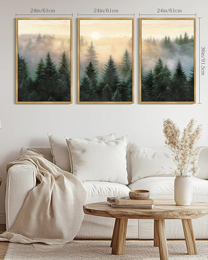 Drsoum Green Fog Pine Tree Landscape Wall Art Framed Nature Misty Nordic Forests Prints Morden Farmhouse Rustic Artwork Hallway Bedroom Ready to Hang 24x36in Natural Framed