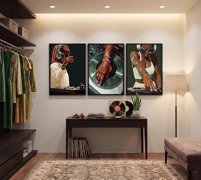 3pcs Trendy Black Girly Dj Canvas Wall Art Fashion African American Black Women Posters Prints Paintings Muisc Record Wall Decor Pictures for Bedroom Living Room Decoration Unframed