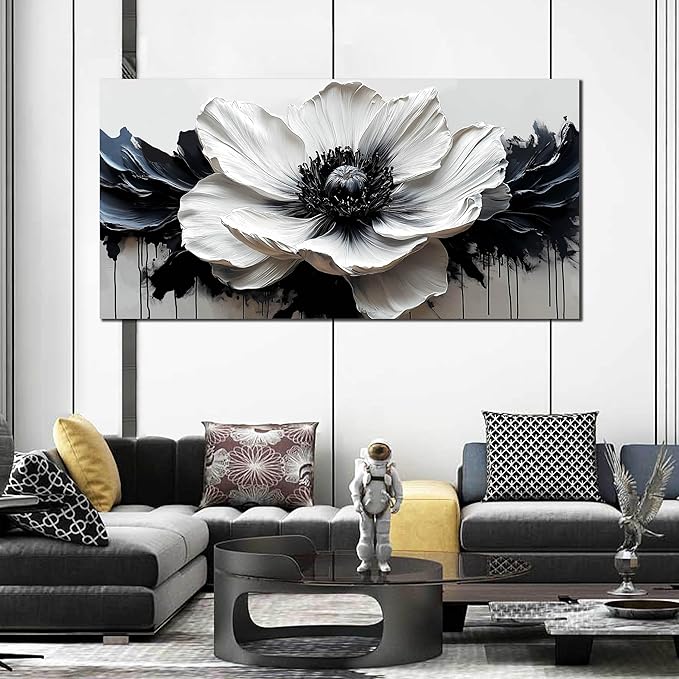 HUBOSKN Black and White Flower Wall Art for Bedroom - Large Canvas Wall Art Living Room - Floral Wall Decor for Teen Girls Size 29" x 59"