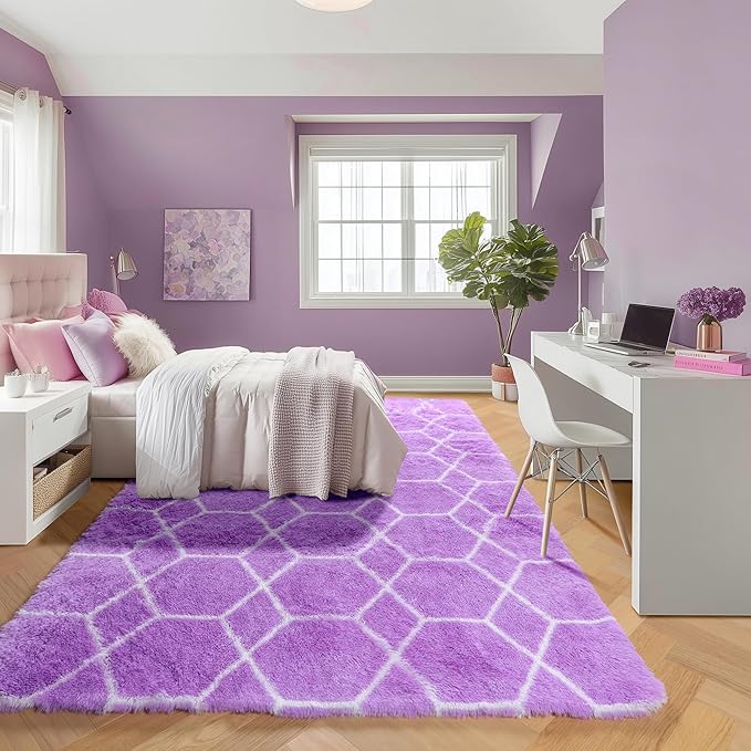 ONASAR 5x7 Area Rugs for Living Room Bedroom, Fluffy Purple and White Throw Rug, Geometric Boho Soft Plush Shaggy Floor Bedside Carpet Mat for Nursery Kids Girls Boys Teen Dorm Home Decor