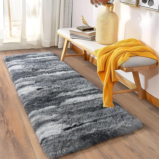 Soft Runner Rugs for Bedroom Hallways, 2x6 Abstract Grey Fluffy Shag Throw Area Rug Non Slip for Bedside Dorm, Long Shaggy Furry Carpet for Nursery Living Room