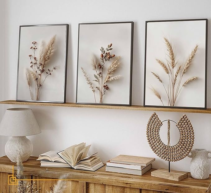 3Pcs Beige Neutral Floral Botanical Canvas Wall Art Modern Minimalist Beige Flower Plant Painting Wall Decor Poster Print Artwork for Living Room Bedroom Bathroom Home Decortion Unframed