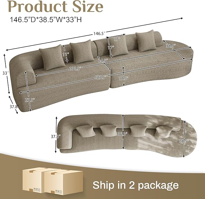 147" Oversized Sectional Sofa for Living Room, Modern Luxury Plush Chenille 4-Seater Extra Deep & Wide Seat Curved Cloud Couch with 4 Throw Pillows, No Assembly Needed, Light Brown