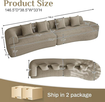 147" Oversized Sectional Sofa for Living Room, Modern Luxury Plush Chenille 4-Seater Extra Deep & Wide Seat Curved Cloud Couch with 4 Throw Pillows, No Assembly Needed, Light Brown