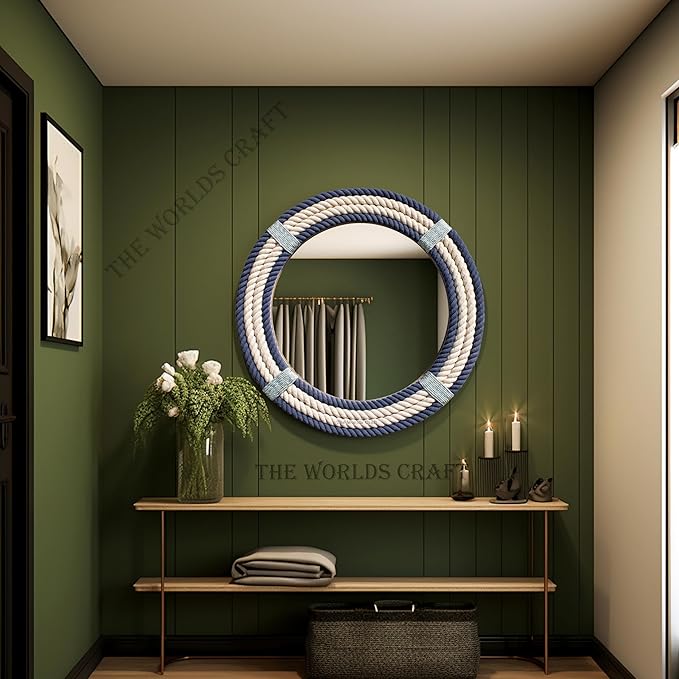 Nautical Round Rope Mirror - White Twisted Rope Wall Hanging Mirror, Rustic Boho & Coastal Farmhouse Décor for Bathroom, Bedroom, Nursery, or Entryway