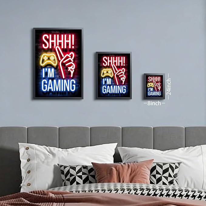 Framed Funny Gamer Wall Art, Boys Game Room Wall Decor, Shhh I’m Gaming Neon Canvas Print Painting, Colorful LED Style Gaming Room Decor Oil Painting for Kids Teens Bedroom 8x10 Inch