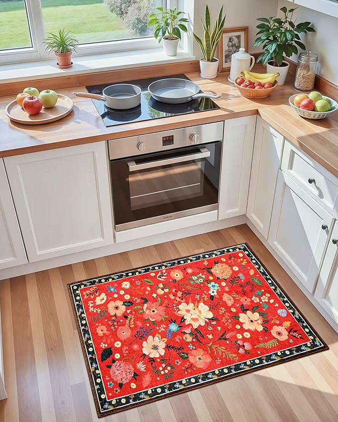 Macgace 2x3 Small Floral Rug for Entryway, Flowers Printed Washable Rugs with Non Slip Backing for Girls Bedroom Kitchen, Cute Throw Carpet Front Door Entry Decor, Christmas Red