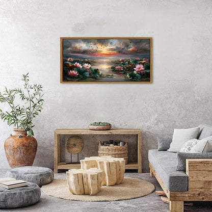 Lotus Flower Framed Wall Art for Living Room Emerald Green Plant Leaves Pink Flower Picture Zen Poster Vintage Poud Landscape Abstract Nature Scenery Artwork Bedroom Bathroom Home Decorations 20x40