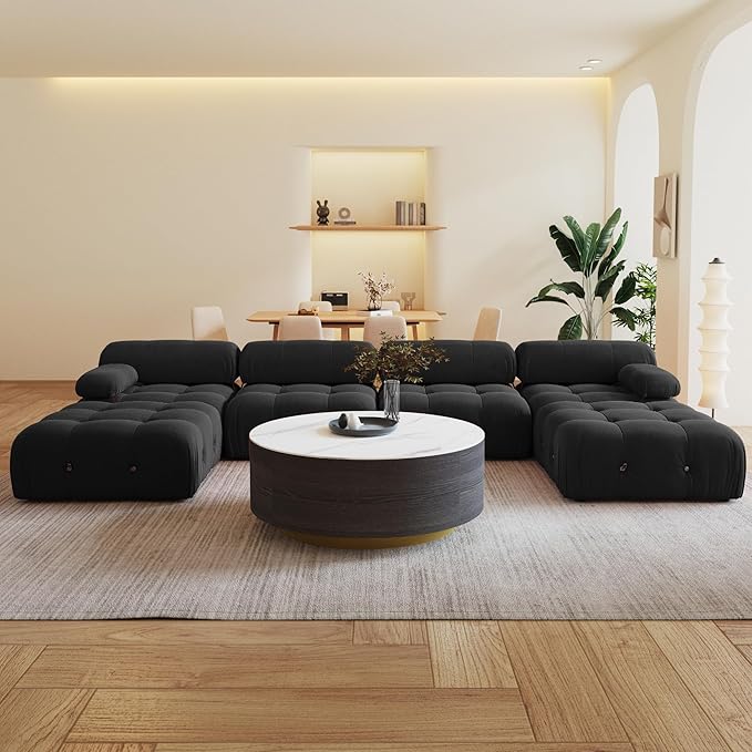 138'' Modular Sectional Couch, U-Shaped Velvet Sofa with Reversible Chaise Ottoman, Minimalist 6-Seat Bubble Sofa, Modern Black Sectional Couches for Living Room, Apartment (6 Seats, Black)