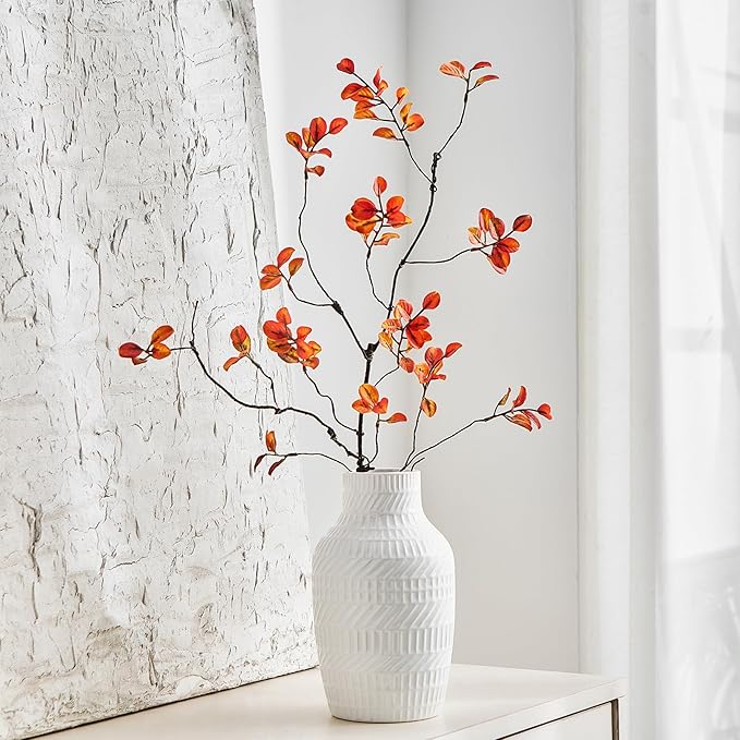 Boho White Ceramic Vase, 8.7" Textured Flower Vase for Home Decor, Minimalist Table Centerpiece for Living Room, Office, Bedroom (White Vase)