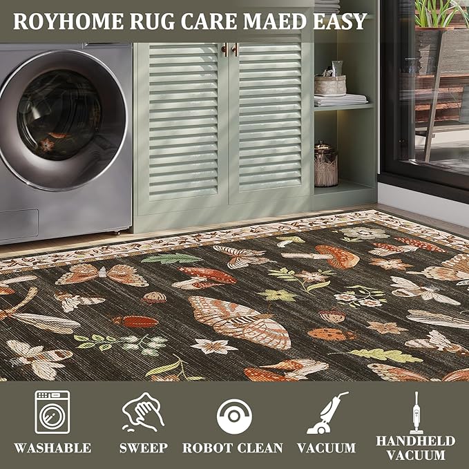 ROYHOME Mushroom Washable Rug 9x12 Area Rugs for Living Room, Insect Print Rug for Bedroom, Non Slip Throw Rugs with Rubber Back, Soft Low Pile Dining Room Under Table, Brown