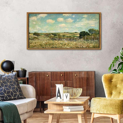 Rustic Grassland Wall Art Canvas Wooden Framed Vintage Green Forest Pictures Wall Decor Countryside Wildflower Landscape Painting Prints Abstract Artwork for Living Room Bedroom Home Decoration 24x48