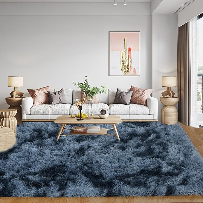 8x10 Area Rugs for Living Room Bedroom, Ultra Soft Fluffy Tie-Dyed Blue Grey Large Rug Carpet for Bedroom, Upgrade Non-Slip Fuzzy Shag Rugs for Nursery Boys Girls Kids Room Modern Indoor Home Decor