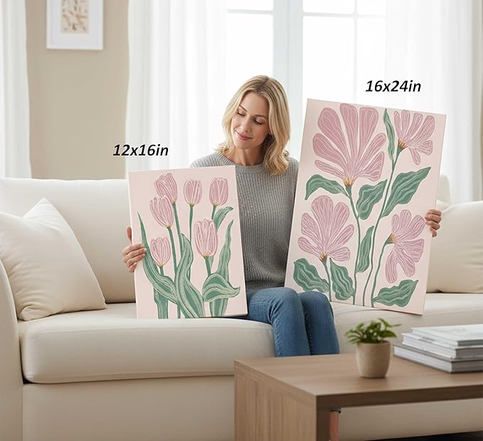 3 Pcs Pink Tulips Flowers Canvas Wall Art Boho Pink and Green Abstract Floral Botanical Paintings Pictures Wall Decor Poster Print Artwork for Living Room Bedroom Home Decoration