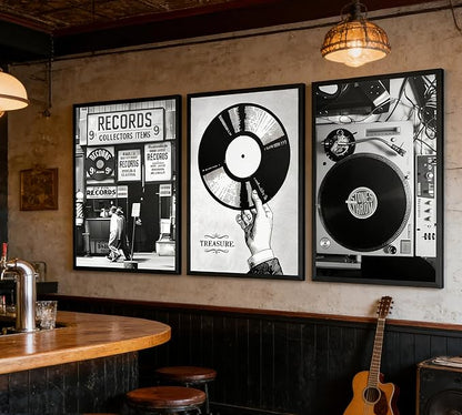 3Pcs Retro Music Poster Wall Art Fashion Black And White Photography Preppy Vinyl Record Store Painting Picture Wall Decor Bar Rock Music Lovers Print Artwork for Recording Studio Club Home Decoration