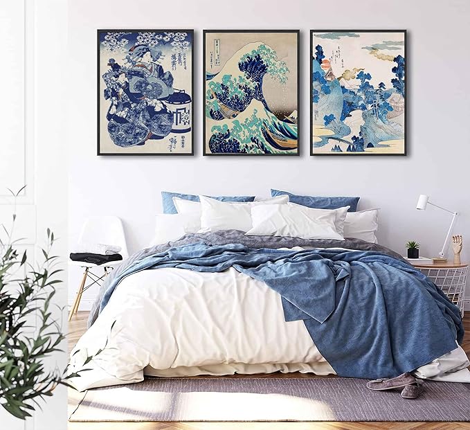 3Pcs Japanese Wall Art Great Wave Hokusai Canvas Pictures Kanagawa Paintings Blue Asian Landscape Posters Prints for Room Office Bathroom Home Wall Decor Gifts for Japan Lovers Unframed