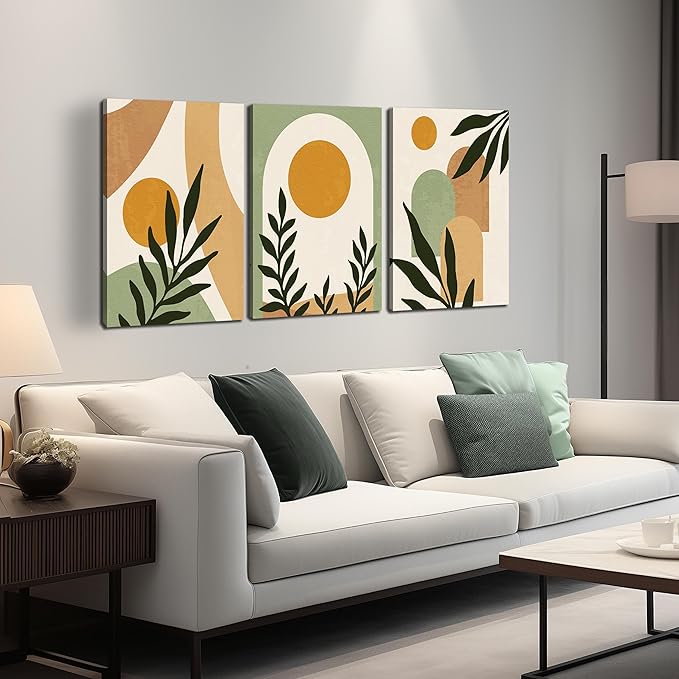 Boho Sun Canvas Wall Art Set of 3, Neutral Abstract Minimalismt Bohemian Geometric & Botanical Plants Pictures Prints Artwork Paintings Wall Decor for Bedroom Living Room Home Decoration 16x24 inches