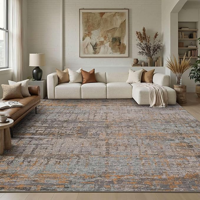 Rugxara 10x14 Extra Large Washable Area Rug, Soft Abstract Vintage Rug for Living Room, Bedroom, Office, Farmhouse, Low Pile Imitation Wool Non Slip Carpet Ideal for High-Traffic Areas, Taupe
