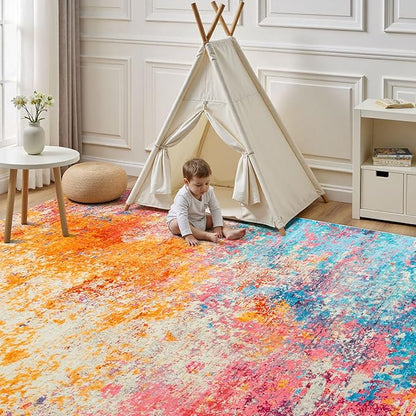 Rugflix 4x6 Area Rugs for Living Room, Washable Colorful Rainbow Rug Stain-Resistant Low Pile, Large Carpet Non-Slip for Kids Girls Room Nursery Bedroom Home Office