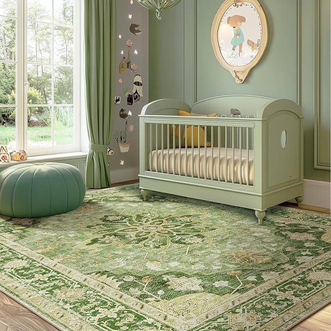 RELEANY Area Rugs 5'x7' Washable Non-Slip, Floral Vintage Distress Print Pattern Medallion Carpet for Living Room Bedroom Dining Room, Sage Green Yellow
