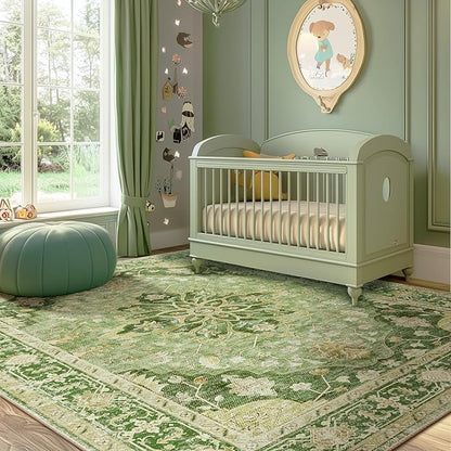 RELEANY Area Rugs 5'x7' Washable Non-Slip, Floral Vintage Distress Print Pattern Medallion Carpet for Living Room Bedroom Dining Room, Sage Green Yellow