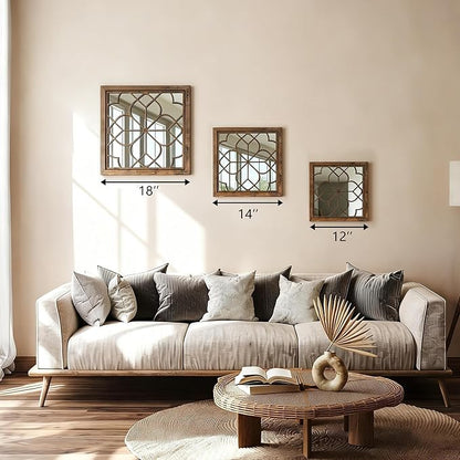 Set of 2 18 Inch Large Square Redbrown Window Pane Wall Mirrors, Shatterproof Rustic Farmhouse Boho Vintage Accent Mirrors for Living Room, Bedroom, Bathroom, Entryway & Home Decor