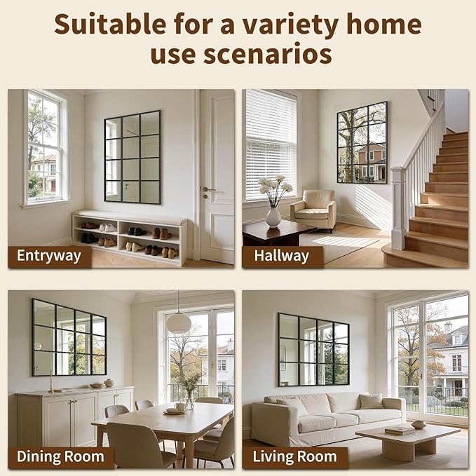Window Pane Mirror, 38x26 Decorative Wall Mirrors, Black Metal Framed Windowpane Mirror for Farmhouse & Modern Bedroom, Living Room, Dining Room, Entryway, Fireplace Decor with Hanging or Leaning