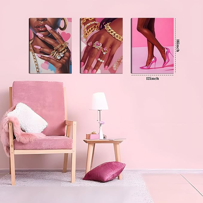 Framed Pink Black Girl Wall Art Set of 3, African American Black Women Canvas Prints Poster, Fashion Gorgeous Girl Paintings Pictures Artwork for Bathroom Bedroom Living Room Wall Decor 12x16 Inch
