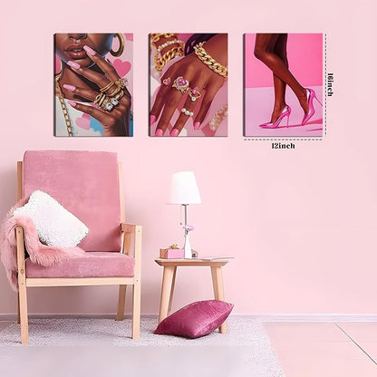 Framed Pink Black Girl Wall Art Set of 3, African American Black Women Canvas Prints Poster, Fashion Gorgeous Girl Paintings Pictures Artwork for Bathroom Bedroom Living Room Wall Decor 12x16 Inch